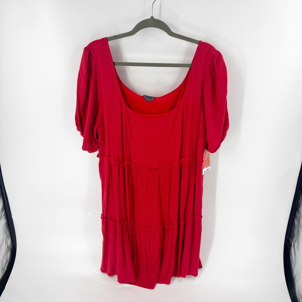 Arula Coral Red Tiered Babydoll Dress Square Neck Puff Sleeve 1X DYDW2786PIMK